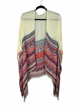 Ecoté Boho Tribal Print Ruana Wrap Shawl Fringe Hem One Size